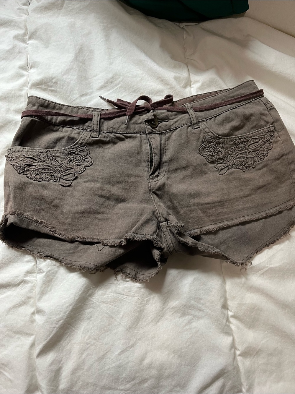Element Brown Lace-Appliqué Denim Shorts with Tie Waist
